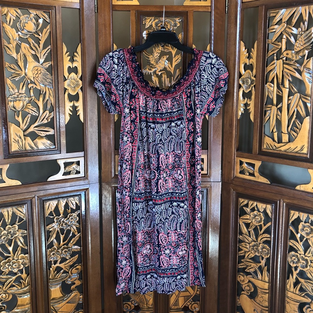 Lucky Brand Abstract Short Sleeve Shift Dress Women Sz M Belted Stretch Adult